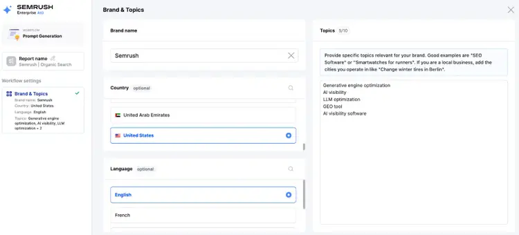 Semrush Enterprise Brand Topics setup configuration