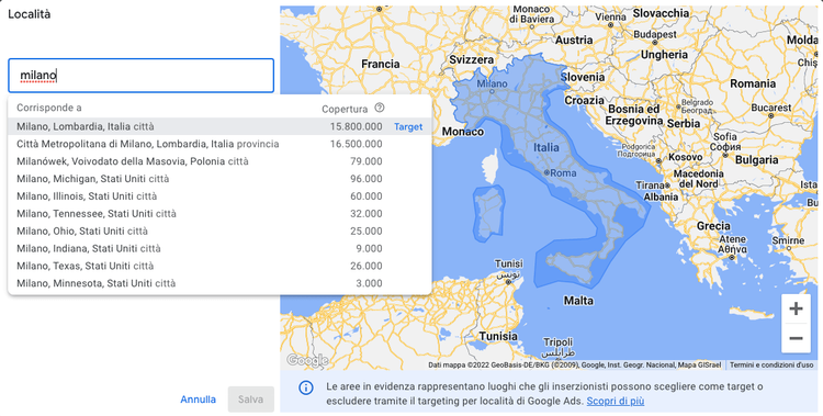 Google Ads location targeting map of Italy with volumes