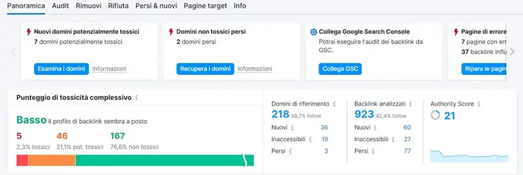 Semrush Site Audit tool con panello domini tossici e metriche backlink