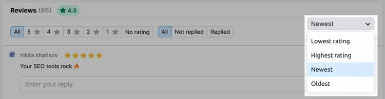 Menu dropdown ordinamento review con opzioni di ordinamento
