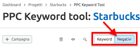 PPC Keyword Tool Starbucks con tab Keyword e Negativi in riquadro rosso