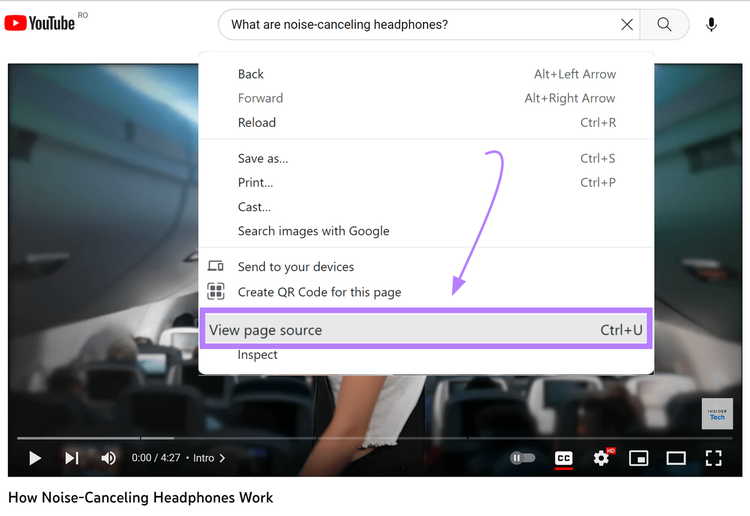 L'opzione "Visualizza sorgente pagina" viene mostrata per un video di YouTube
