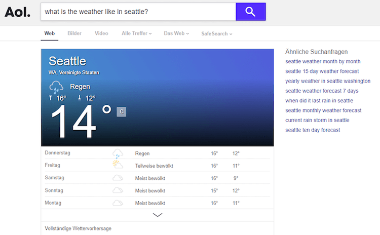 AOL: risultati ricerca meteo Seattle con temperatura 14°C e previsioni settimanali