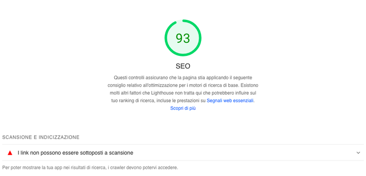Punteggio SEO 93 con controlli scansione indicizzazione