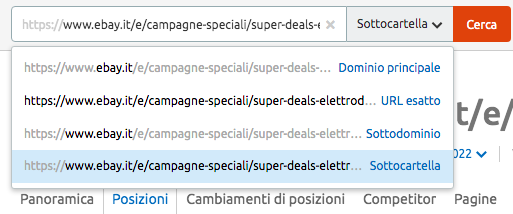 Menu ricerca sito eBay con opzioni Dominio, URL esatto, Sottodominio