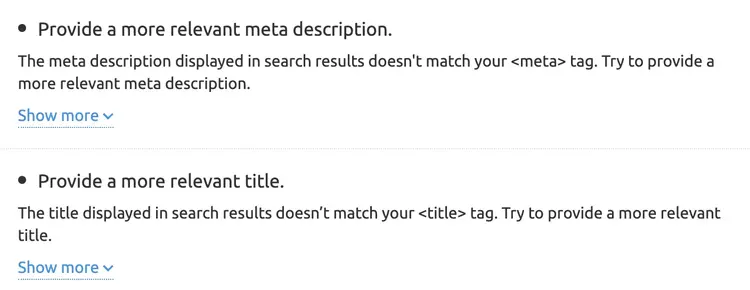 "Fornire una meta description più pertinente" e "Fornire un titolo più pertinente" idee