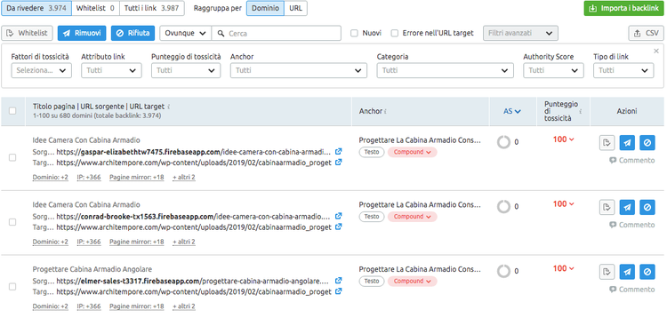 Backlink Audit: rifiuti URL con tab problemi di backlink evidenziati