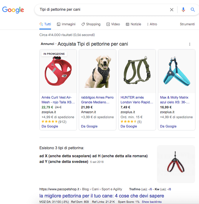 Google SERP tipi pettorina cani prodotti shopping con immagini