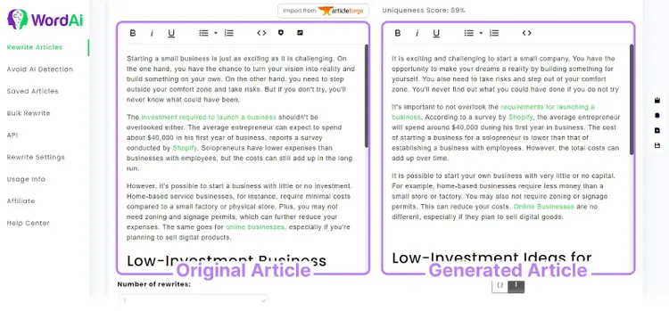 Un articolo originale (a sinistra) e un articolo generato (a destra) in WordAI