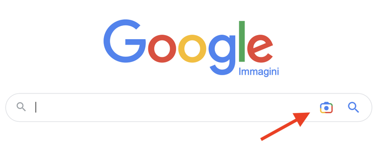Google Immagini barra ricerca con freccia rossa su icona fotocamera