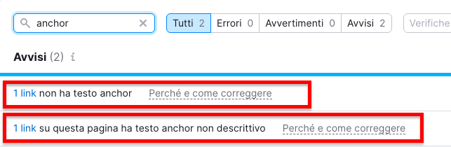 Tabella avvisi anchor text mostrando problemi di testo anchor