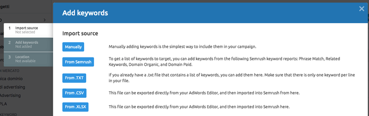 Add keywords dialog with import source options