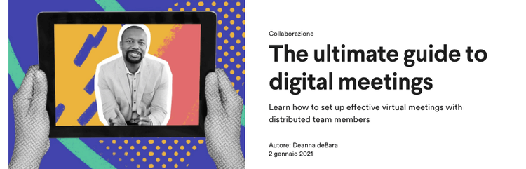 Immagine video call: persona su schermo tablet con testo guida meeting digitali