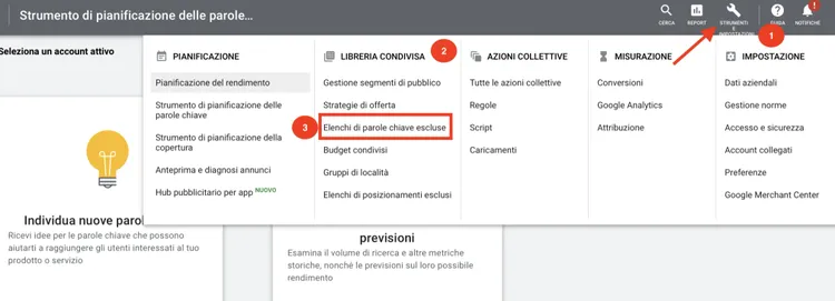 Google Ads: pianificazione campagna con tab e opzioni gestione performance parole