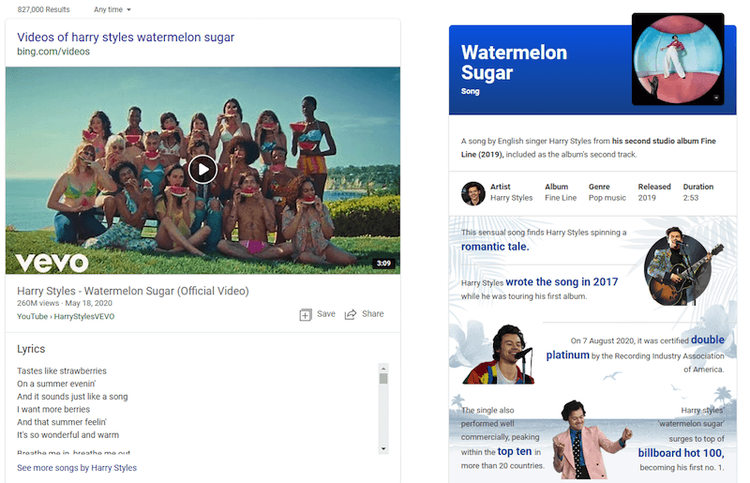 Bing video: risultato 'Watermelon Sugar' Harry Styles con informazioni canzone