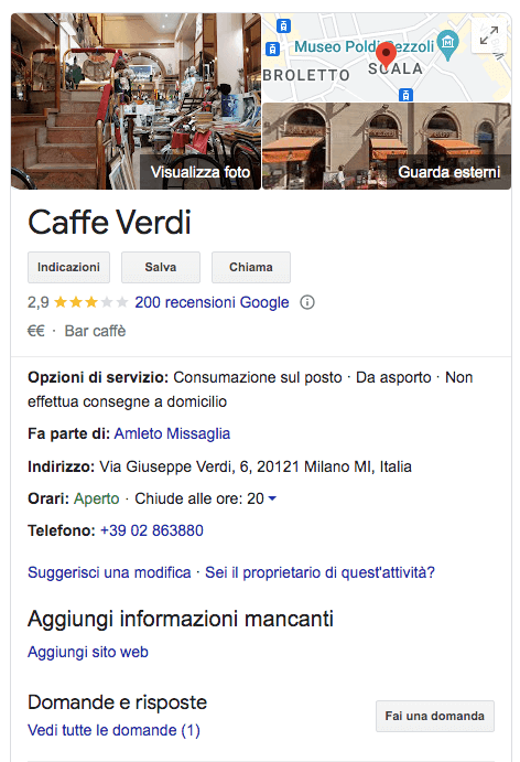 Google Business Profile Caffe Verdi: mappa, foto, 200 recensioni, orari