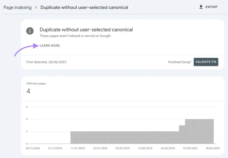 Un elenco di URL non indicizzati a causa della duplicazione su Google Search Console con il pulsante "Scopri di più" evidenziato.