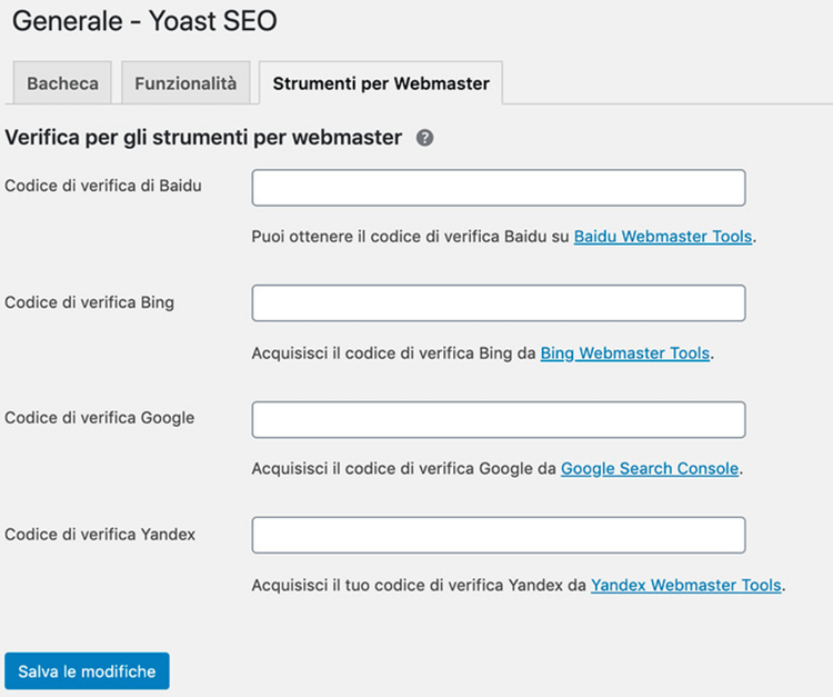 Yoast SEO Webmaster Tools verification codes form