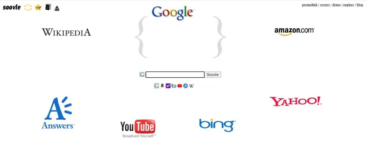 Pagina di Soovle con barra di ricerca al centro, circondata dai loghi di Wikipedia, YouTube, amazon.com ecc.