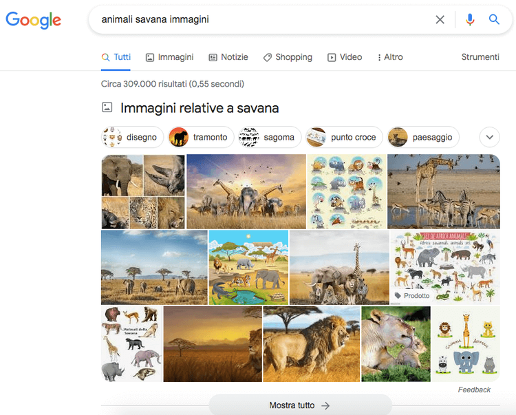 Google Immagini ricerca animali savana con mosaico foto