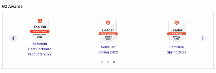G2 Awards Semrush Top 100 Leader Spring 2022