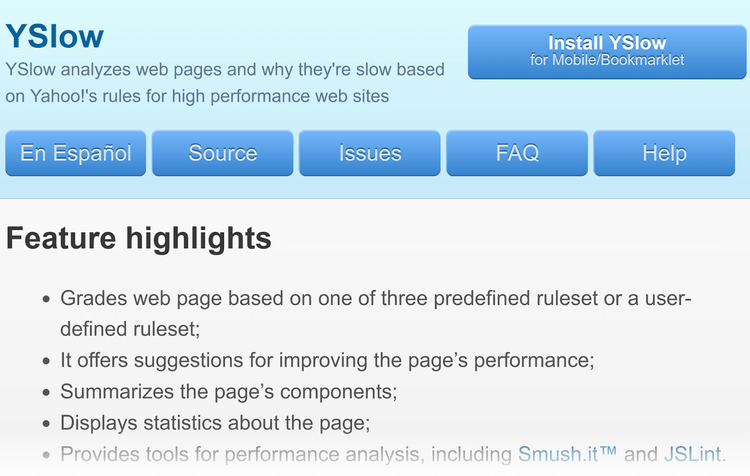 Homepage di YSlow con informazioni su uno strumento che analizza le pagine web in base alle regole di Yahoo per prestazioni elevate.