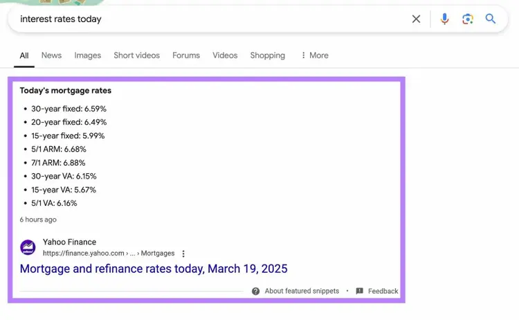 Snippet in primo piano attuale per una parola chiave accessibile direttamente dallo strumento di Ricerca organica di Semrush.