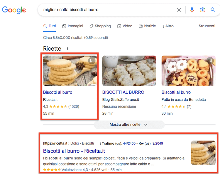Google ricette biscotti al burro featured snippet