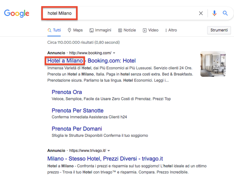 Google SERP hotel Milano annuncio Booking risultati hotel