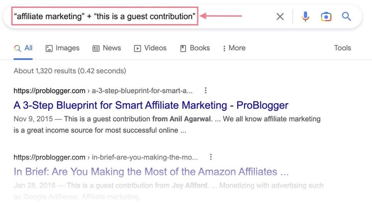 Ricerca su Google "marketing di affiliazione" + "questo è un guest post"