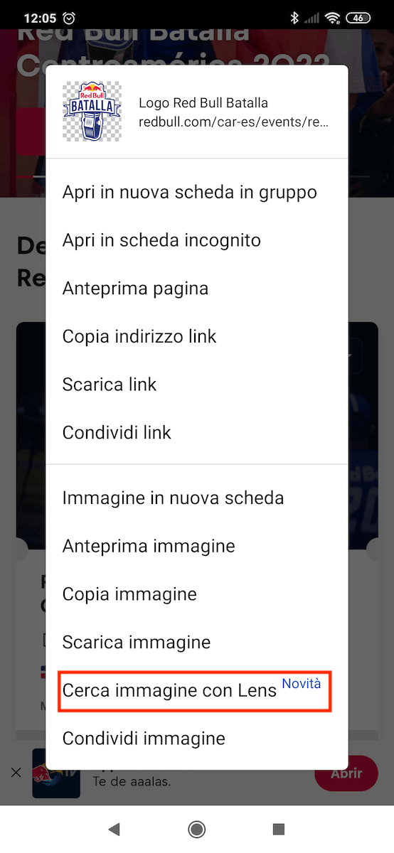 Menu contesto Chrome mobile con Cerca immagine con Lens in riquadro rosso