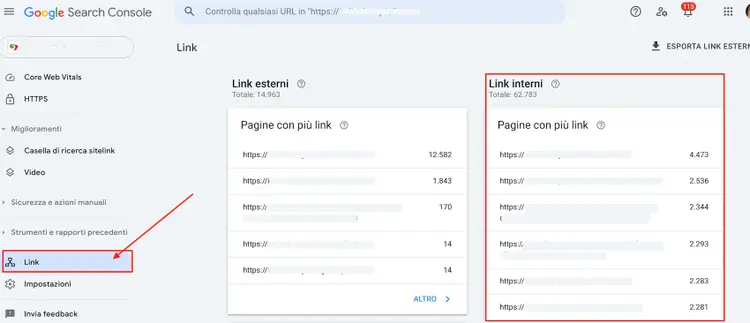 Link interni di un sito web visualizzabili in Search Console