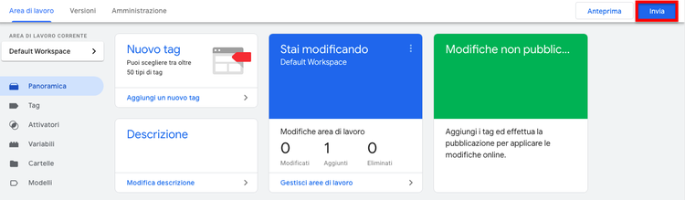 Google Tag Manager preview interface showing Invia button to publish tags