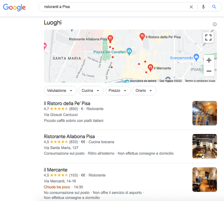 Google SERP ristoranti Pisa mappa locale e risultati