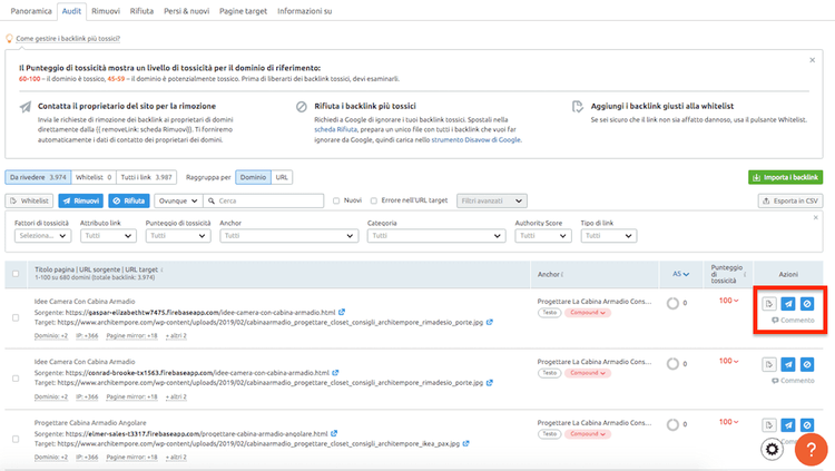 Backlink Audit: tre opzioni di azione con checkboxes per gestire link