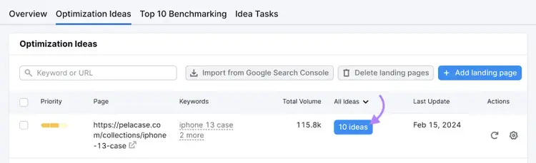 Pulsante "10 idee" evidenziato in On Page SEO Checker