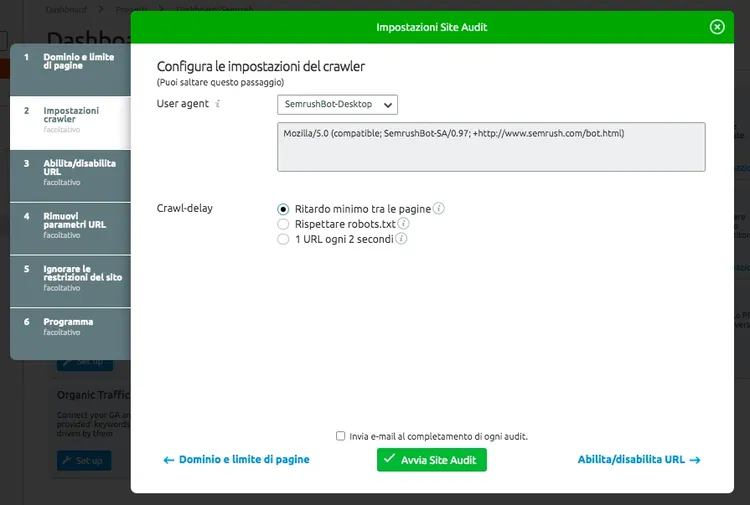 Site Audit configuration dialog for selecting crawler user agent type