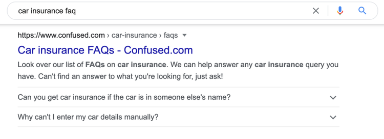 Snippet FAQ Google: Car insurance domande espandibili Confused.com
