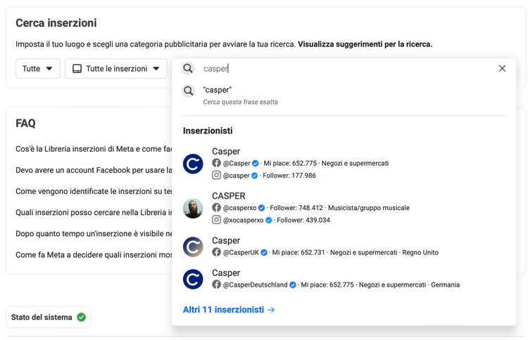 Meta Ads Library ricerca Casper con follower e impressioni account