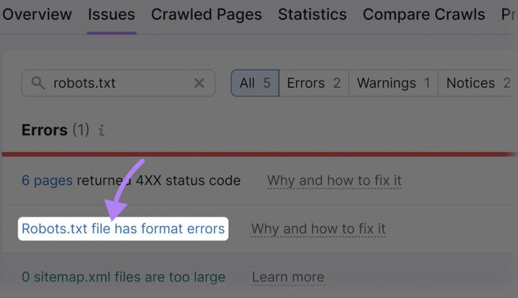 Problema "Il file robots.txt presenta errori di formato" nello strumento Site Audit