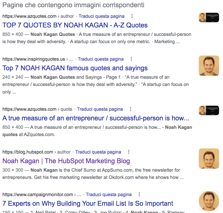 Risultati ricerca Google per Noah Kagan con diversi siti web