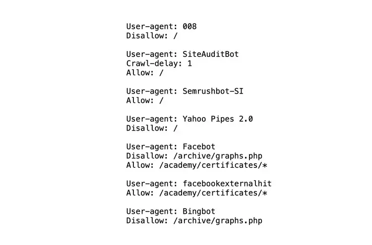 Il file robots.txt di un sito web mostra quali parti del sito possono essere esplorate e indicizzate da diversi bot.