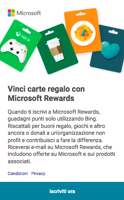 Microsoft Rewards: program promo con carte regalo colorate e descrizione benefici