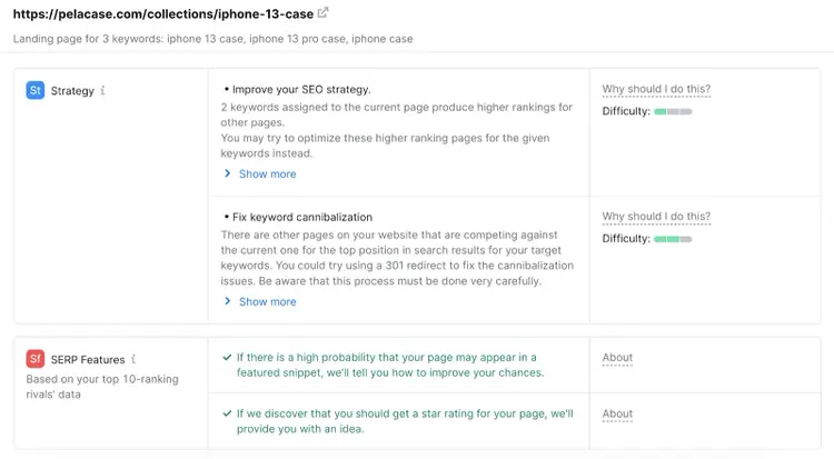 Un report con tutte le idee per un URL selezionato