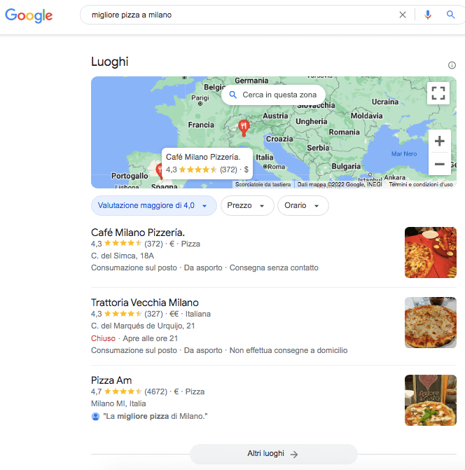 Google Local Pack pizzerie Milano con mappa localizzazione