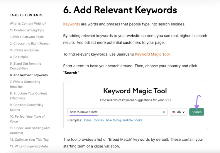 Sezione Keyword Magic Tool articolo content writing
