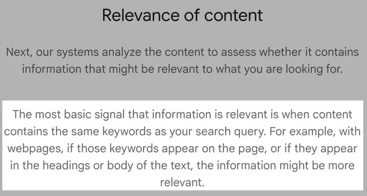 Sezione "Pertinenza del contenuto" dei fattori di ranking di Google