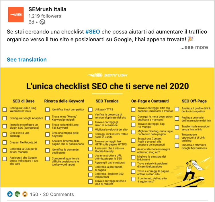 LinkedIn: SEMrush Italia checklist SEO 2020 post 150 commenti