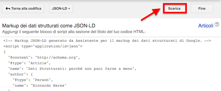 Codice JSON-LD markup con pulsante Scarica file