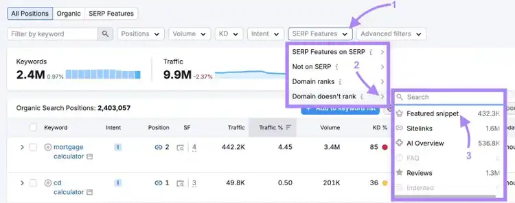 Il filtro "Funzionalità SERP" è stato cliccato e "Snippet in primo piano" selezionato dal menu a discesa "Dominio non classificato" nello strumento di Ricerca organica.